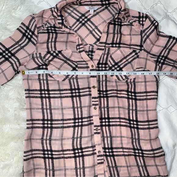 Candie’s | Pink Plaid Lightweight Sheer Flannel Button Ip Top Cutout Shoulders - Picture 11 of 13